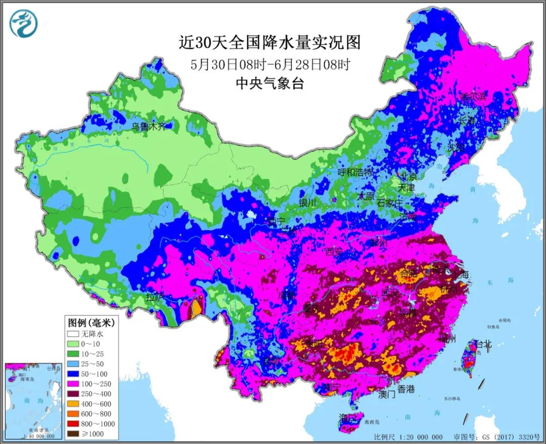▲圖為近30天全國降水實況圖。來源：中央氣象臺