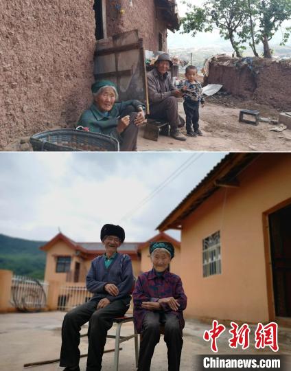 上圖為甲甲溝村村民羅木你坡夫婦所住的舊房，下圖為夫婦倆遷入的新居。(拼版圖) 張浪 攝